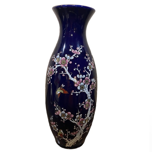 Other - Vintage Japanese Vase Cobalt Blue With Birds & Pink Blossoms 11” Tall